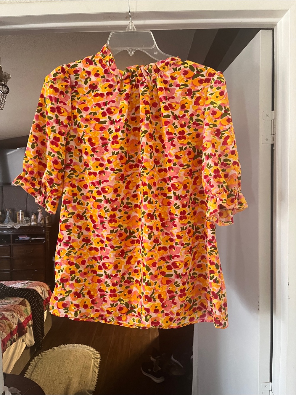 Floral Short-Sleeve Blouse in Pink & Yellow like new